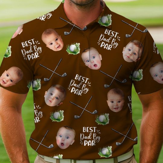 Personalized Best Dad By Par Polo Shirt With Kid Face Photo, Father's Day Gift, Custom Golf Lovers Short Sleeve Shirt, Dad Birthday Gifts