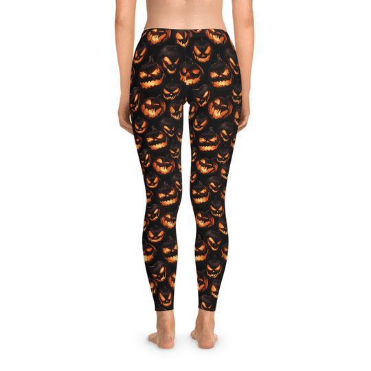 Stretchy Leggings (AOP), Pumpkin, Jack-o-Lantern, Colorful, Dark, Gothic
