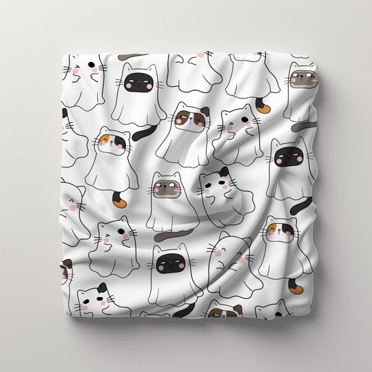Halloween Cute Ghost Cat Blanket, Kawaii Cat Halloween, Spooky Black Cat, Ghost Blanket, Cat Lover Gift, Dorm Room Decor, Cozy Fall Bedding