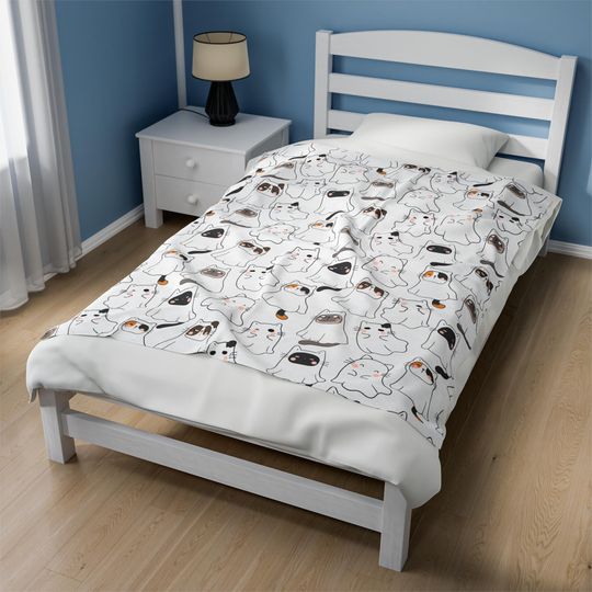 Halloween Cute Ghost Cat Blanket, Kawaii Cat Halloween, Spooky Black Cat, Ghost Blanket, Cat Lover Gift, Dorm Room Decor, Cozy Fall Bedding