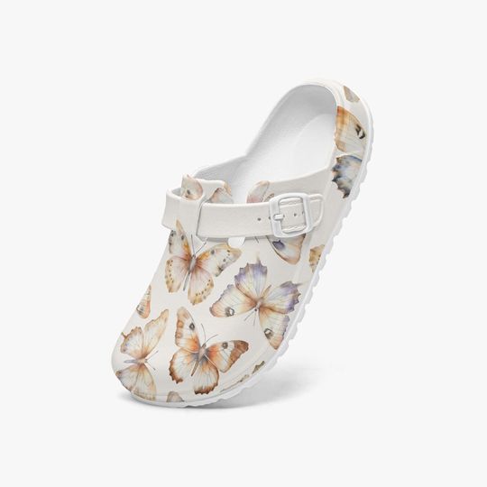 Beige Women's Butterfly Pattern Slip-On Clogs for Work, Garden, and Leisure