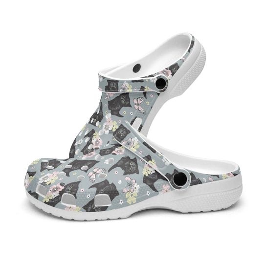 Grey men's - women's rubber clogs, cat clogs for children, cat design shoes, cat pattern women's shoes, slippers with cat motif