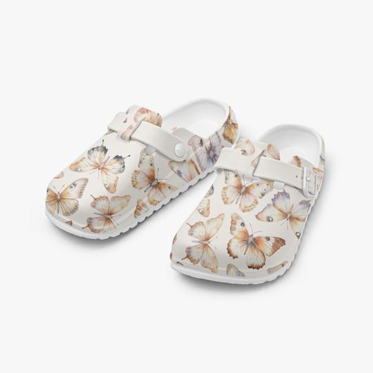 Beige Women's Butterfly Pattern Slip-On Clogs for Work, Garden, and Leisure