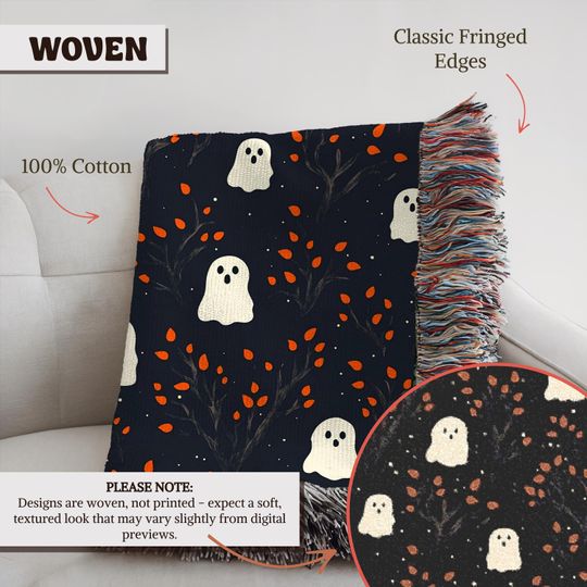 Cozy Halloween Ghost Sherpa Blanket - Cute Fall Blanket - Goth Reading Blanket - Spooky Autumn Home Decor