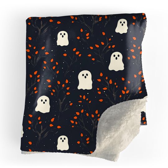Cozy Halloween Ghost Sherpa Blanket - Cute Fall Blanket - Goth Reading Blanket - Spooky Autumn Home Decor