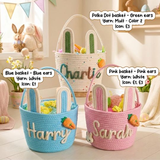 Personalised Bunny Ear Easter Basket | Detachable Ears for Year-Round Use | Embroidered Name Egg Hunt Bag | Reusable Kids Storage Basket