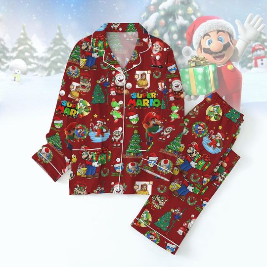 Super Mario Christmas Pajamas Set for Adults, including Mario, Luigi, Princess Peach, and Holiday Sleepwear Set