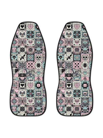 Pastel Goth Car Seat Covers: Skull Patchwork, Halloween Decor - Set of Two