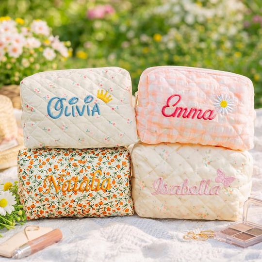 Custom Embroidered Makeup Bag, Personalized Floral Cosmetic Pouch, Mothers Day Gift for Mom, Travel Toiletry Bag, Bridesmaid Gift