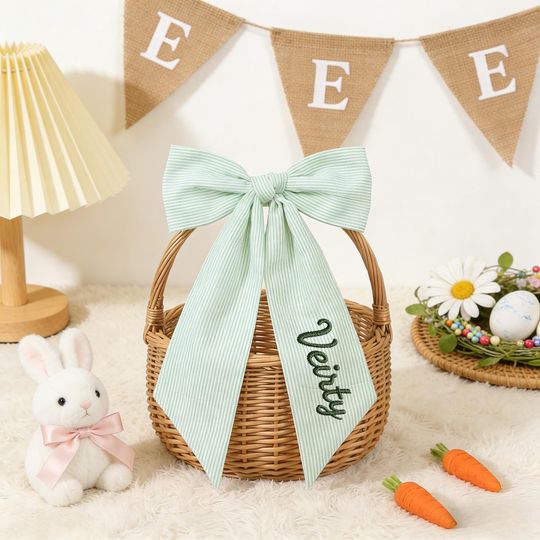 Personalized  Seersucker Easter Basket Bow, Custom Name Striped  for Easter Basket, Baby First Easter Basket Accessory, Spring Gift for Kids