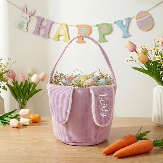 Personalized Corduroy Easter Basket, Custom Easter Bag, Embroidered Name Easter Bucket, Kids Bunny Basket with Name, Kids Easter Gift