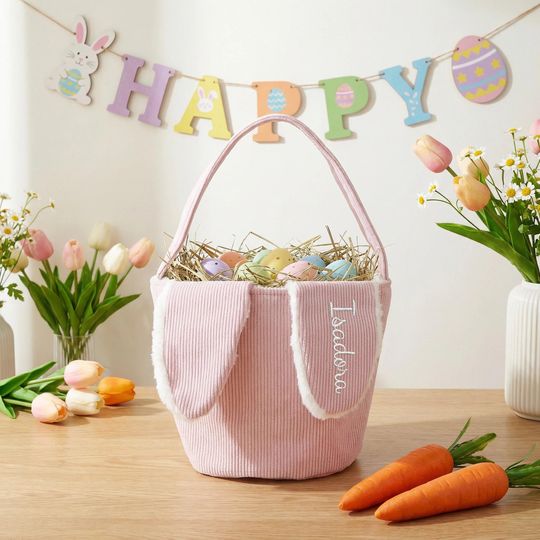 Personalized Corduroy Easter Basket, Custom Easter Bag, Embroidered Name Easter Bucket, Kids Bunny Basket with Name, Kids Easter Gift
