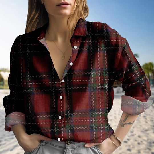 Red Plaid Blouse Shirt, Classic Button Up Look Top, Long Sleeve Loose Fit Casual Shirt, Cozy Checkered Pattern Fall Winter Outfit