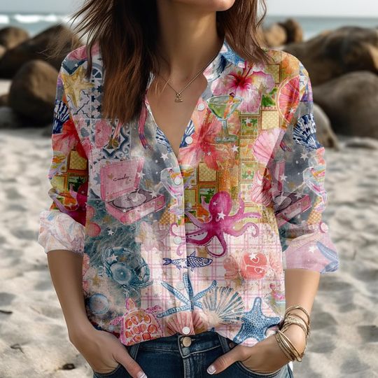 Ocean Octopus Linen Blouse for Women, Seashell and Starfish Coastal Top, Colorful Sea Life Button-Up Shirt
