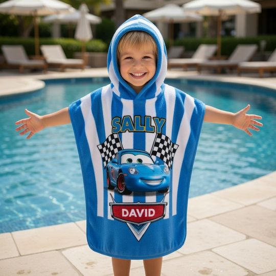 Personalized Sally Lightning McQueen Hooded Towel, Disney Cars Kids Beach Towel, Summer 2026 Gift