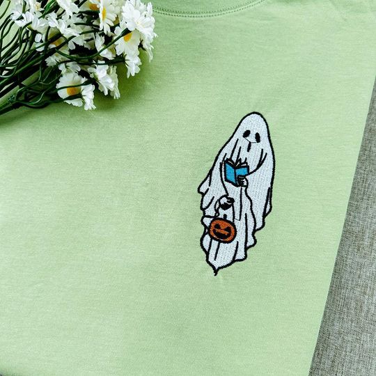 Embroidered  ghost Reading book Sweatshirt, Halloween Sweatshirt