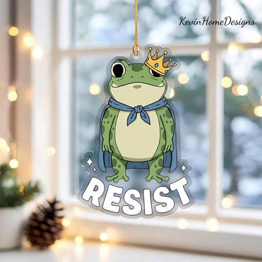 Resist Frog Ornament: Acrylic, Crown Design, 2025