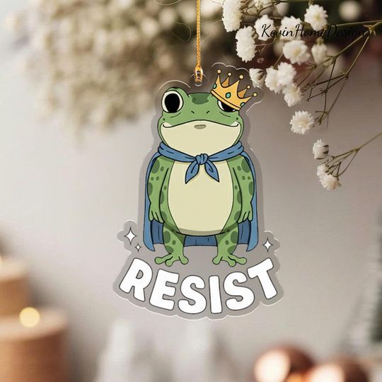 Resist Frog Ornament: Acrylic, Crown Design, 2025