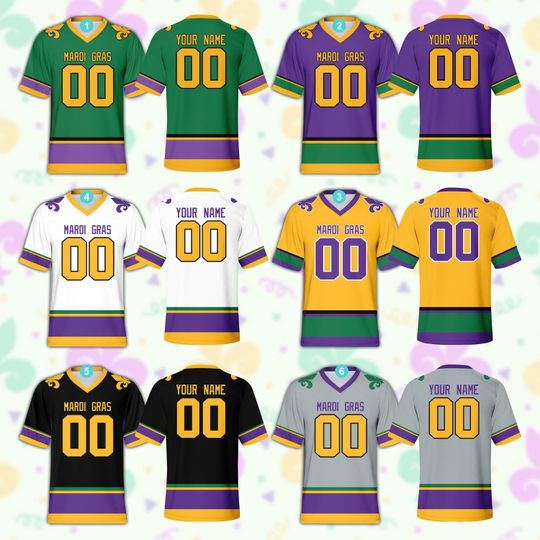 Personalized Name Mardi Gras Football Team Jersey, Custom Fat Tuesday Football Jersey Mardi Gras Carnival Game Day