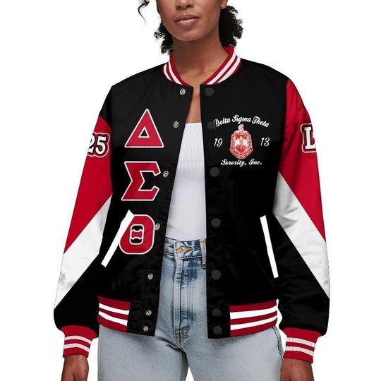 Ireishprint Delta Sigma Theta Chapter Varsity Jacket, Personalized Triangle Black 1914 Sorority Jacket