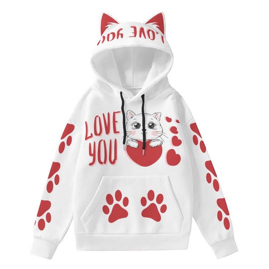 Kawaii Cat Hoodie: White Pullover with Red Paw Prints & Ears