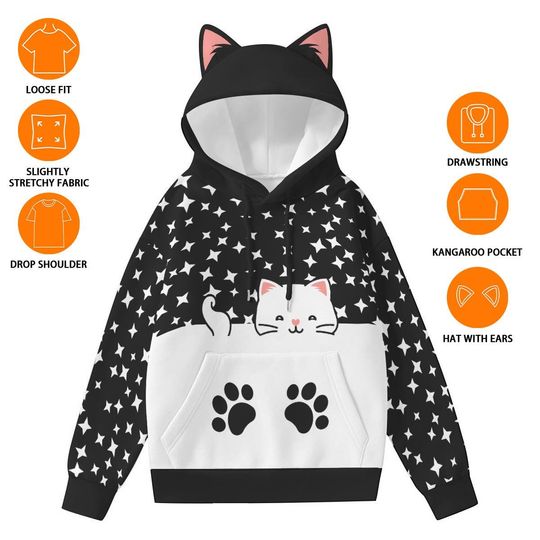 Kawaii Cat Ear Hoodie: Star Print Pullover with Paw Pocket