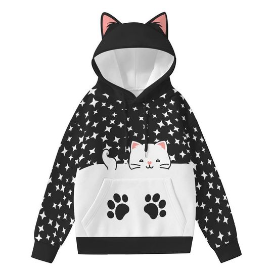 Kawaii Cat Ear Hoodie: Star Print Pullover with Paw Pocket