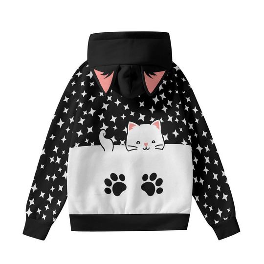 Kawaii Cat Ear Hoodie: Star Print Pullover with Paw Pocket