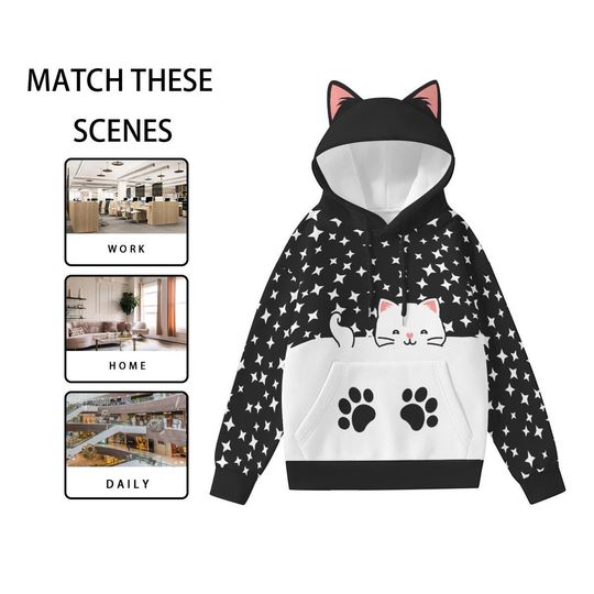 Kawaii Cat Ear Hoodie: Star Print Pullover with Paw Pocket