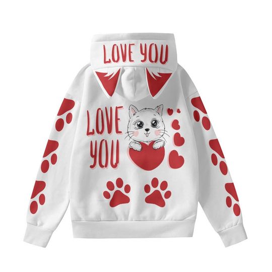 Kawaii Cat Hoodie: White Pullover with Red Paw Prints & Ears
