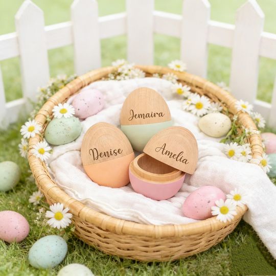 Custom Name Wooden Easter Egg, Fillable Hollow Egg, Engraved Toddler Basket Stuffer, Baby First Easter Keepsake, Easter Gifts for Kids