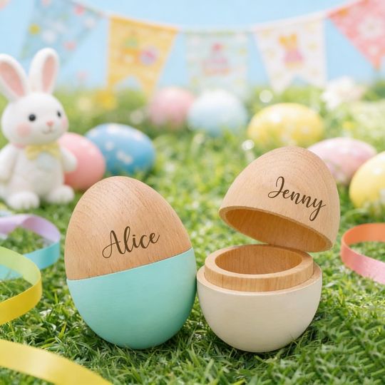 Custom Name Wooden Easter Egg, Fillable Hollow Keepsake for Kids, Engraved Easter Egg, Toddler Basket Stuffer, Baby First Easter Gift