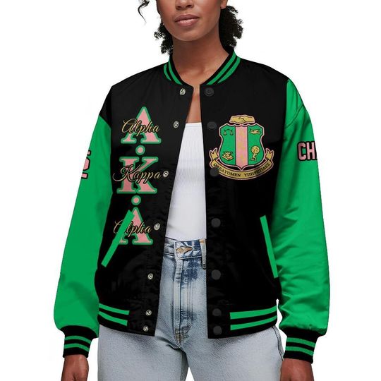 Alpha Kappa Alpha Varsity Jacket, Custom Chapter, Personalized Black Mix Apple Green Varsity Jacket 1908 Sorority, Alpha Kappa Alpha Apparel