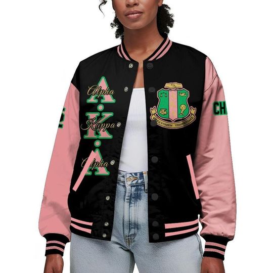Alpha Kappa Alpha Custom Chapter Varsity Jacket, Personalized Black Mix Salmon Pink Varsity Jacket 1908 Sorority, Custom Chapter Apparel