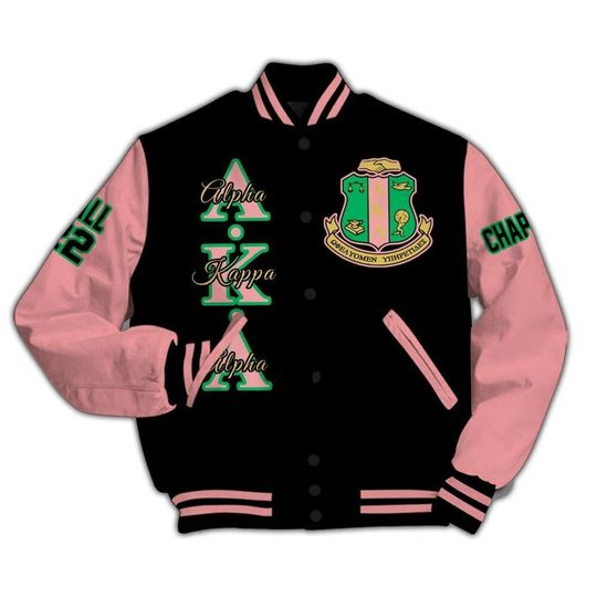 Alpha Kappa Alpha Custom Chapter Varsity Jacket, Personalized Black Mix Salmon Pink Varsity Jacket 1908 Sorority, Custom Chapter Apparel