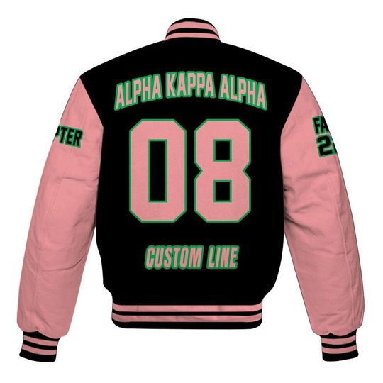 Alpha Kappa Alpha Custom Chapter Varsity Jacket, Personalized Black Mix Salmon Pink Varsity Jacket 1908 Sorority, Custom Chapter Apparel