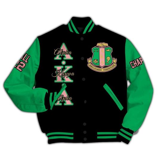 Alpha Kappa Alpha Varsity Jacket, Custom Chapter, Personalized Black Mix Apple Green Varsity Jacket 1908 Sorority, Alpha Kappa Alpha Apparel