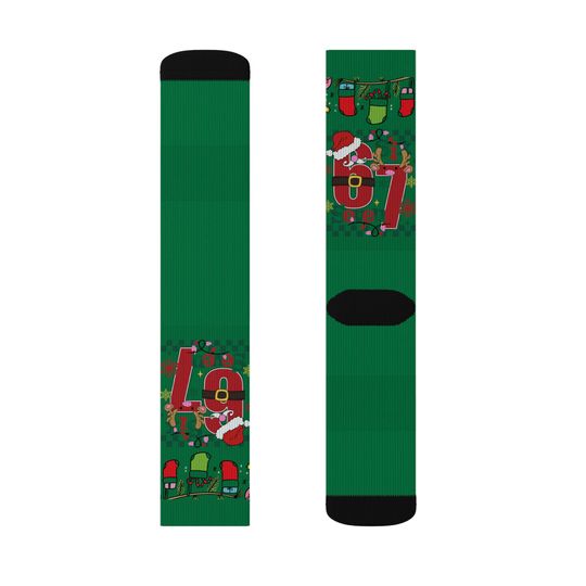 67 Santa Claus Pattern Socks | Green Christmas Holiday Crew Socks