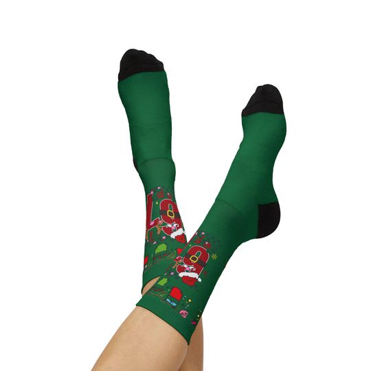 67 Santa Claus Pattern Socks | Green Christmas Holiday Crew Socks