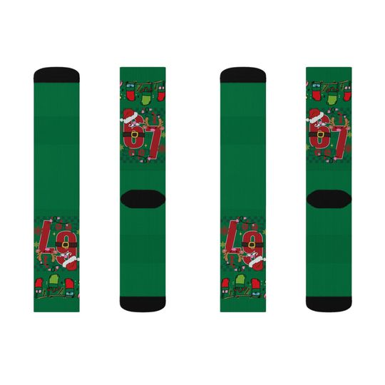 67 Santa Claus Pattern Socks | Green Christmas Holiday Crew Socks