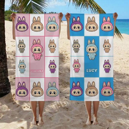 Labubu Personalized Beach Towel, Custom Name Pool Towel, Summer Vacation Gift