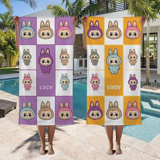Labubu Personalized Beach Towel, Custom Name Pool Towel, Summer Vacation Gift