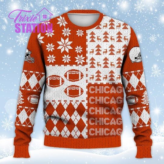 Chicago Ugly Sweater Christmas, Retro Football American Sweatshirt Pattern 3D Hoodie, Shirt Xmas Full Print