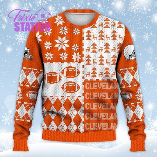 Cleveland Ugly Sweater Christmas, Retro Football American Sweatshirt Pattern 3D Hoodie, Shirt Xmas Full Print