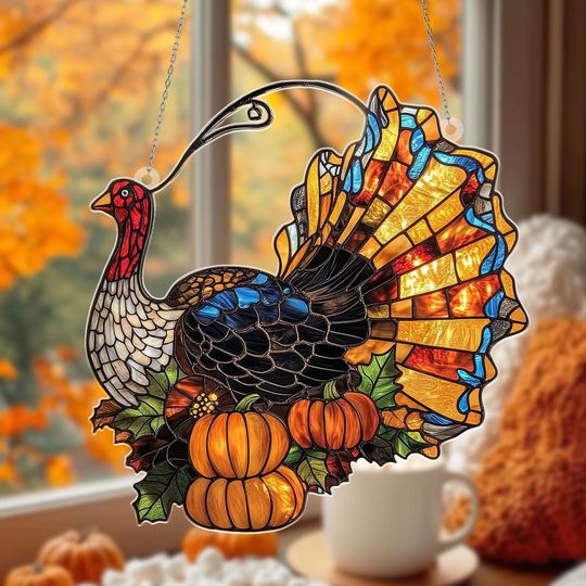 Thanksgiving Turkey Suncatcher: Acrylic Fall Window Hanging with Pumpkins
