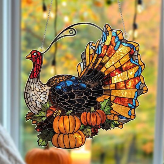 Thanksgiving Turkey Suncatcher: Acrylic Fall Window Hanging with Pumpkins