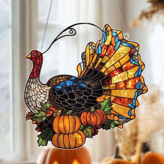 Thanksgiving Turkey Suncatcher: Acrylic Fall Window Hanging with Pumpkins