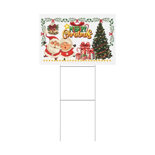 Merry Christmas Yard Sign with Santa & Mrs. Claus - Christmas Tree and Gifts Double-Sided Holiday Yard Decoration with Aluminum Stakes