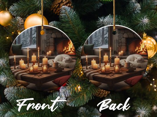 Cozy Winter Cabin Ornament: Fireplace, Sleeping Cat, Candlelight (Ceramic)