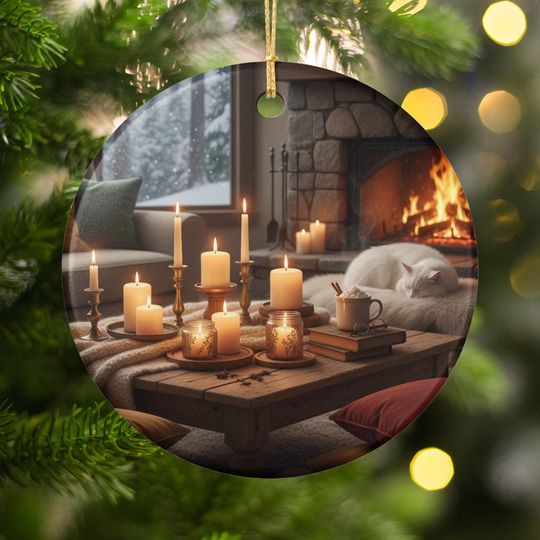 Cozy Winter Cabin Ornament: Fireplace, Sleeping Cat, Candlelight (Ceramic)